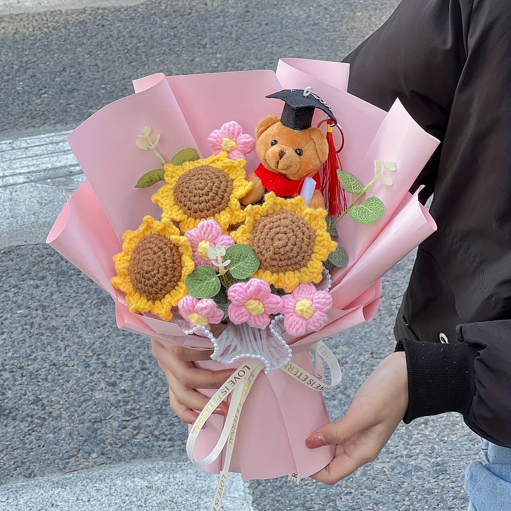 Graduation Teddy Bear Sunflower Bouquet – Handmade Knitted Fabric Flowers For Reunion, Home Decor, Birthday & Graduation Gifts Artificial Flowers Shop Online at Dubai Trades 2