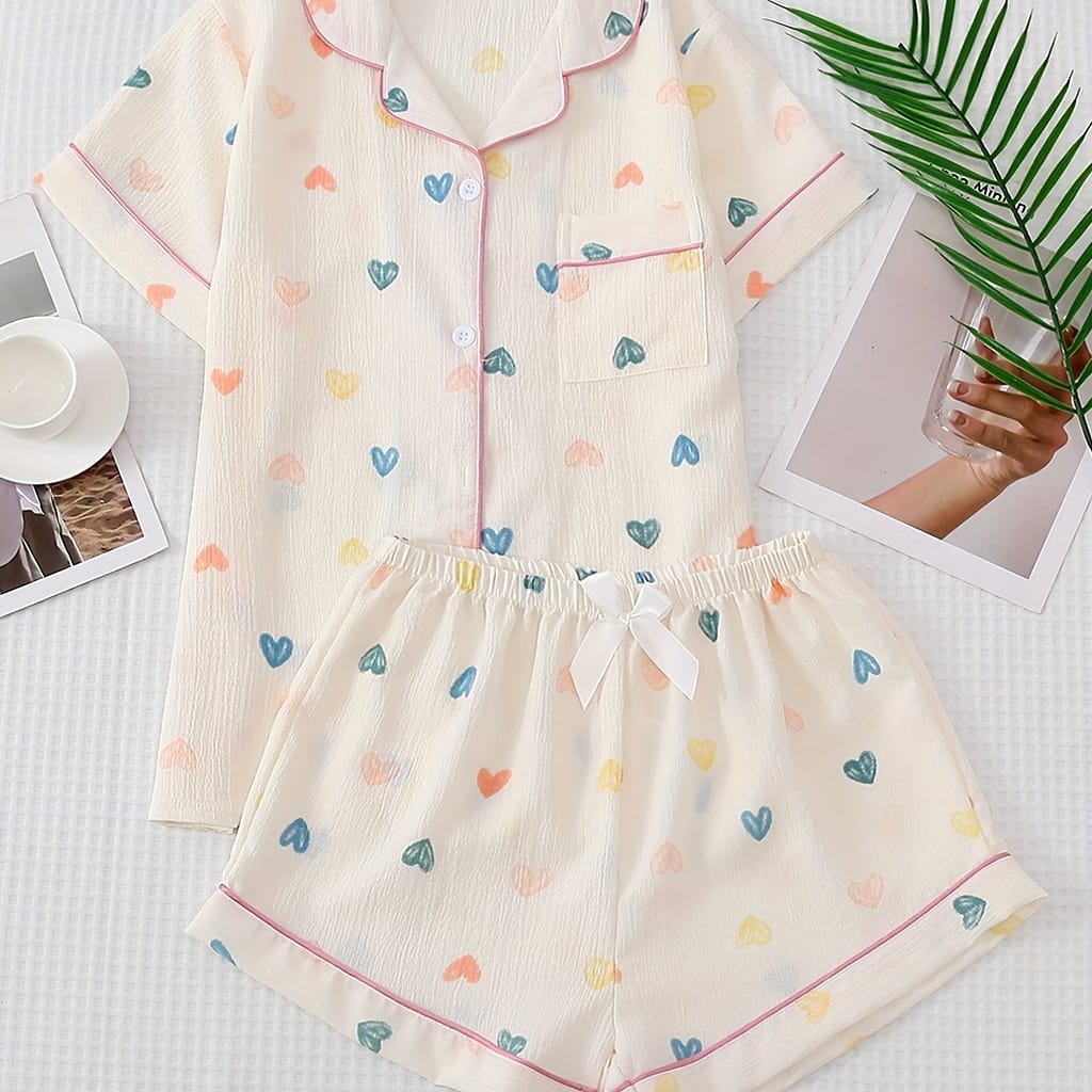 Heart Print Pajama Set, Short Sleeve Lapel Buttons Top & Waistband Shorts, Women’s Sleepwear & Loungewear Clothing Shop Online at Dubai Trades 2