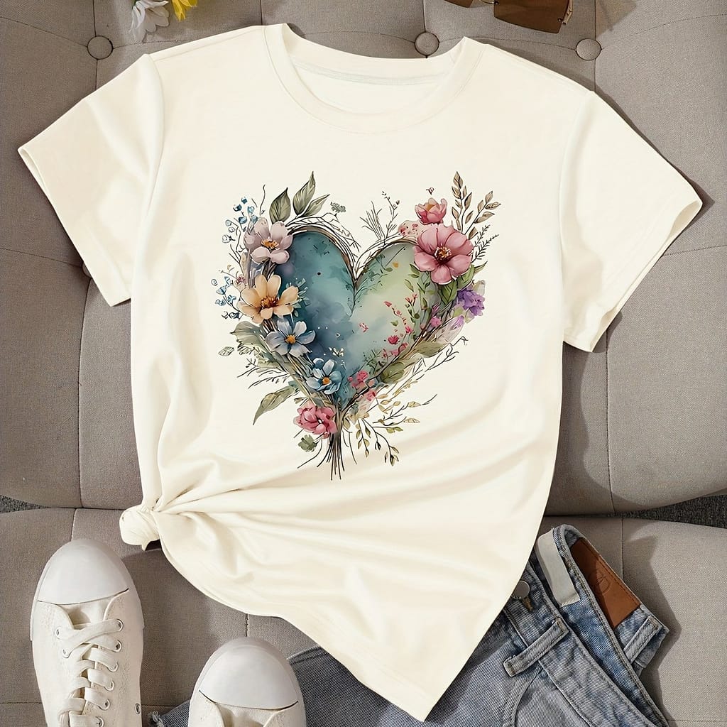 Heart Print T-shirt, Short Sleeve Crew Neck Casual Top For Summer & Spring, Women’s Clothing Clothing Shop Online at Dubai Trades 2