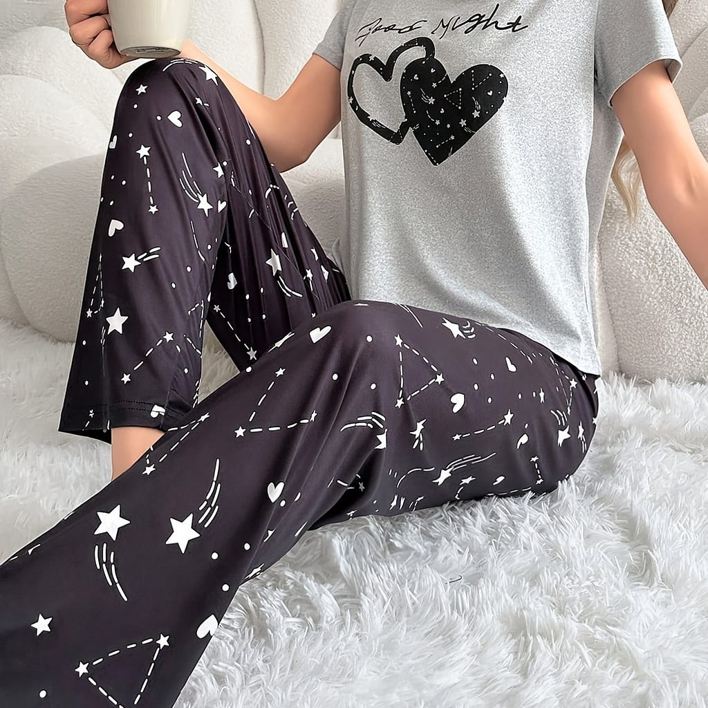 Heart & Star & Letter Print Pajama Set, Casual Short Sleeve Round Neck Top & Elastic Pants, Women’s Sleepwear Clothing Shop Online at Dubai Trades 2