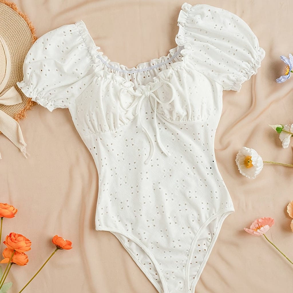 Hollow Lettuce Trim Tie Front Bodysuit, Sexy Sleeve Bodysuit For , Women’s Clothing Bodysuits Shop Online at Dubai Trades 2