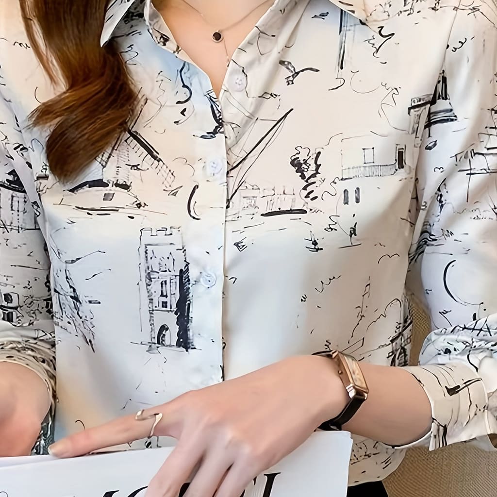 Ink Graffiti Print Collar Shirt, Casual Long Sleeve Shirt For Spring & Fall, Women’s Clothing Blouses Shop Online at Dubai Trades 2