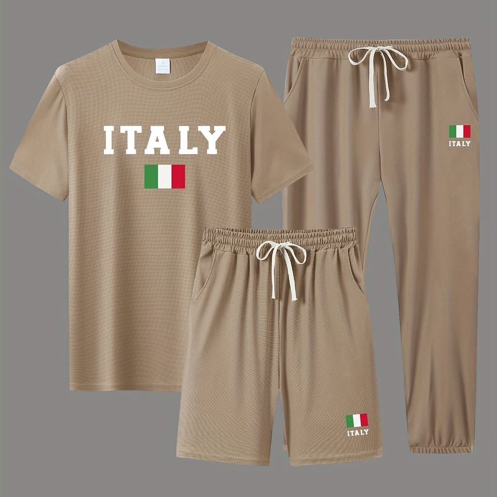 Italy Men’s 3-piece Casual Sports Set, Short Sleeve Round Neck T-shirt And Shorts And Pants Set, Breathable Summer Clothing Active Shop Online at Dubai Trades 2