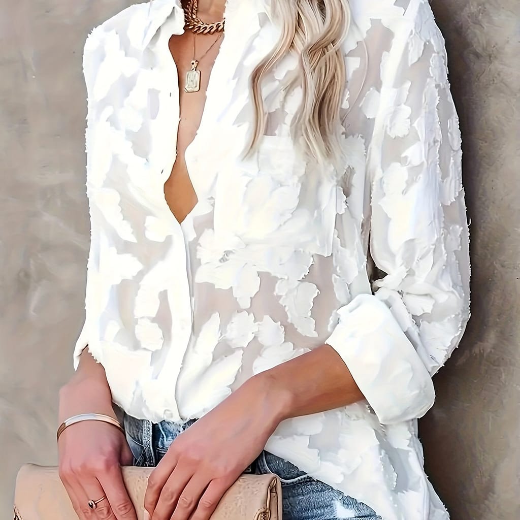 Jacquard Button Up Sheer Loose Blouse, Elegant Long Sleeve Blouse For Spring & Fall, Women’s Clothing Blouses Shop Online at Dubai Trades 2