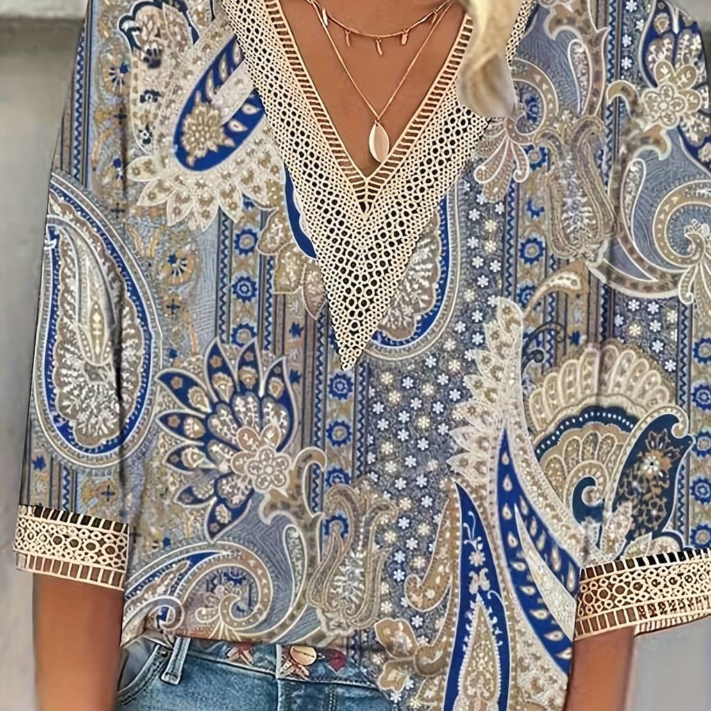 Lace Paisley Print Top, Vintage V-neck 3/4 Sleeve Top For Spring & Fall, Women’s Clothing Clothing Shop Online at Dubai Trades 2
