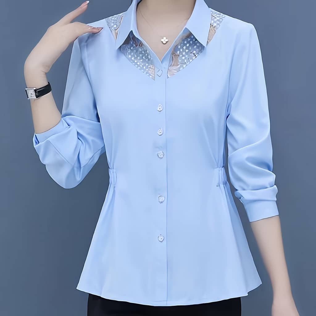 Lace Stitching Button Front Shirt, Elegant Slim-fit Solid Color Long Sleeve Shirt For Office & Work, Women’s Clothing Blouses Shop Online at Dubai Trades 2