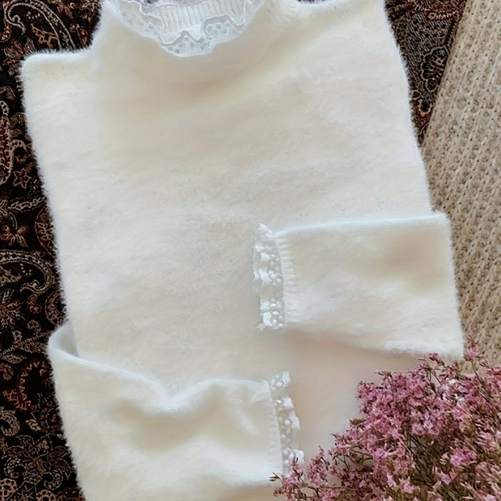 Lace-trimmed Mock Neck Sweater – Long Sleeve, 100% Polyester Knit For Women, Clothing Shop Online at Dubai Trades 2