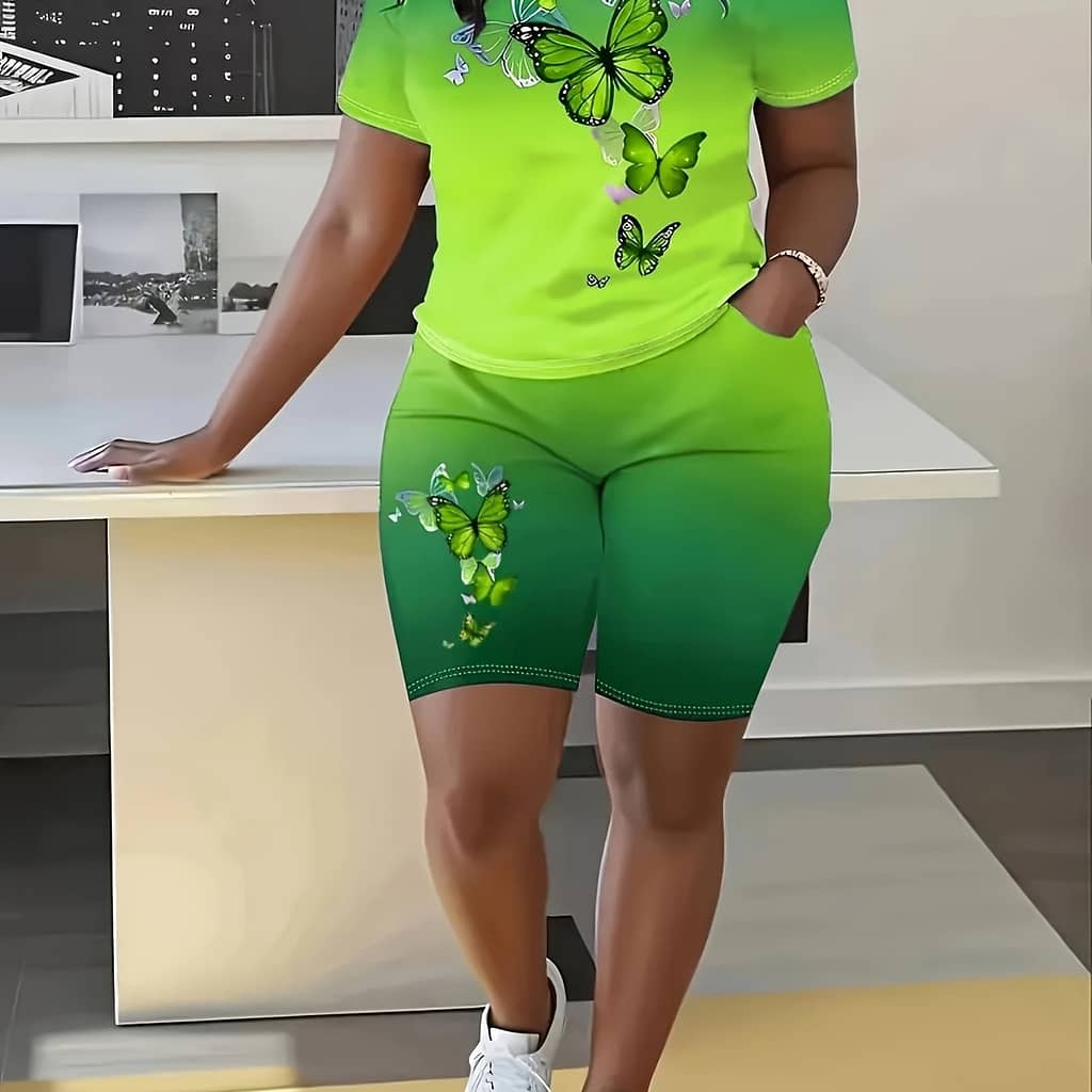 Ladies Gradient Suit, Pattern, Round Neck Short Sleeve With Pocket Pants Clothing Shop Online at Dubai Trades 2