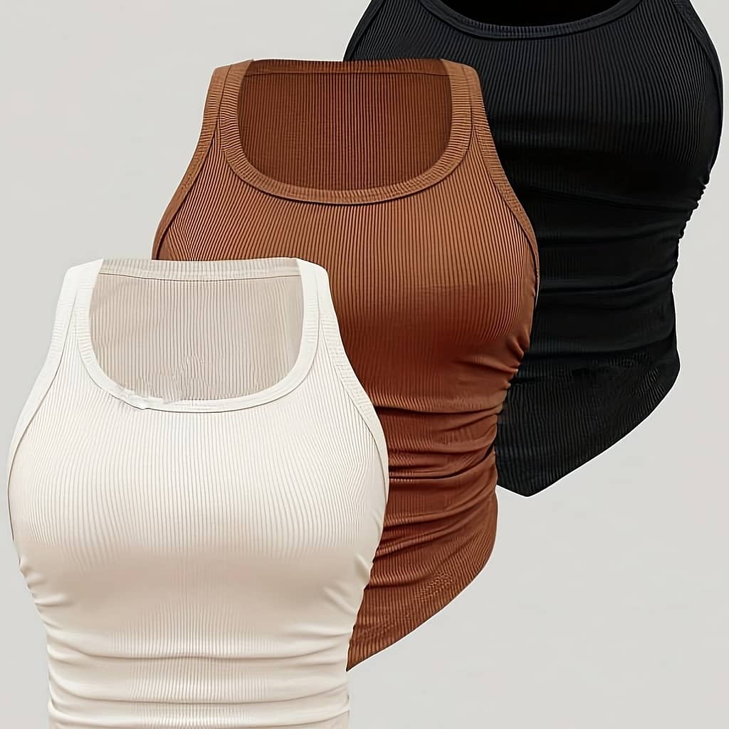 Ladies’ Sporty Solid Color Knitted Ribbed Short-sleeve T-shirt With Asymmetrical Hem, Set Of 3 Pieces Active Shop Online at Dubai Trades 2