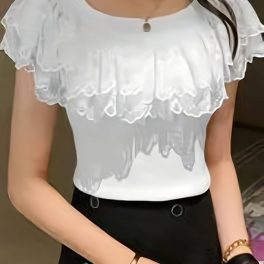 Layered Ruffle Hem Slim Top, Elegant Crew Neck Solid Color Knitted Top For , Women’s Clothing Clothing Shop Online at Dubai Trades 2