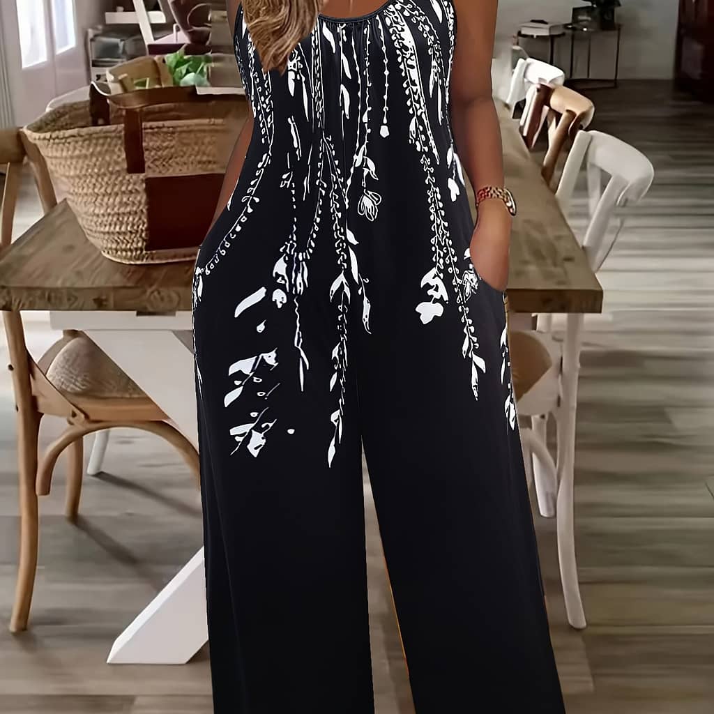 Leaf Print Spaghetti Strap Jumpsuit, Casual Sleeveless Wide Leg Dual Pockets Jumpsuit For , Women’s Clothing Clothing Shop Online at Dubai Trades 2