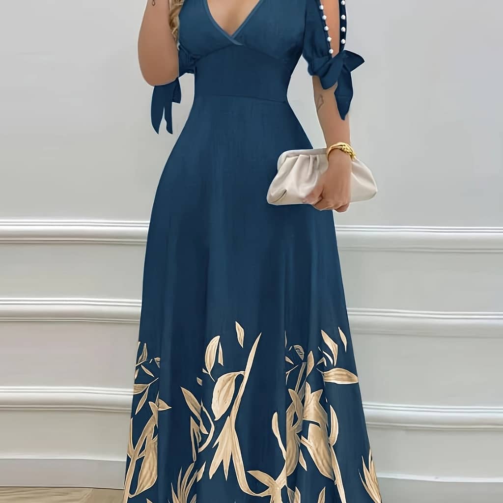 Leaf Print V Neck Dress, Elegant Short Sleeve Tie Side A-line Flowy Dress For , Women’s Clothing Clothing Shop Online at Dubai Trades 2