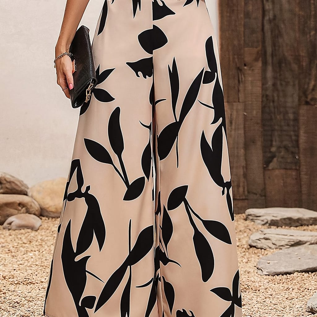Leaves Print Wide Leg Pants, Elegant High Waist Loose Pants For Spring & Fall, Women’s Clothing Clothing Shop Online at Dubai Trades 2