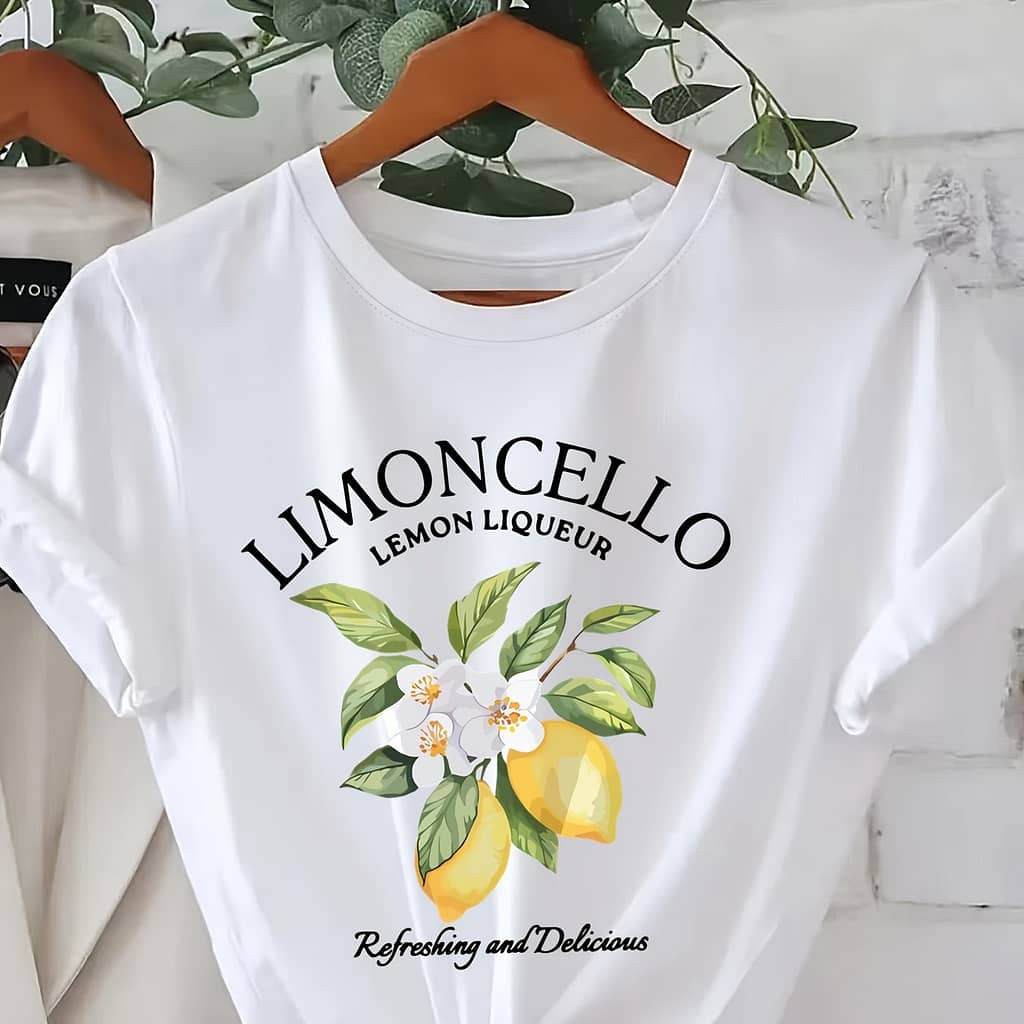 Lemon Print T-shirt, Short Sleeve Crew Neck Casual Top For Summer & Spring, Women’s Clothing Clothing Shop Online at Dubai Trades 2
