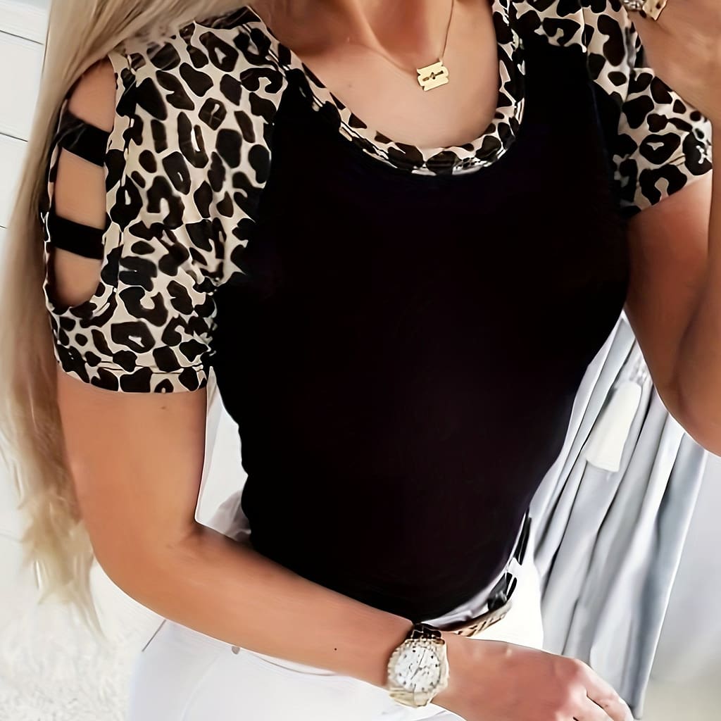 Leopard Neck T-shirt, Casual Cut Out Short Sleeve Top For , Women’s Clothing Clothing Shop Online at Dubai Trades 2