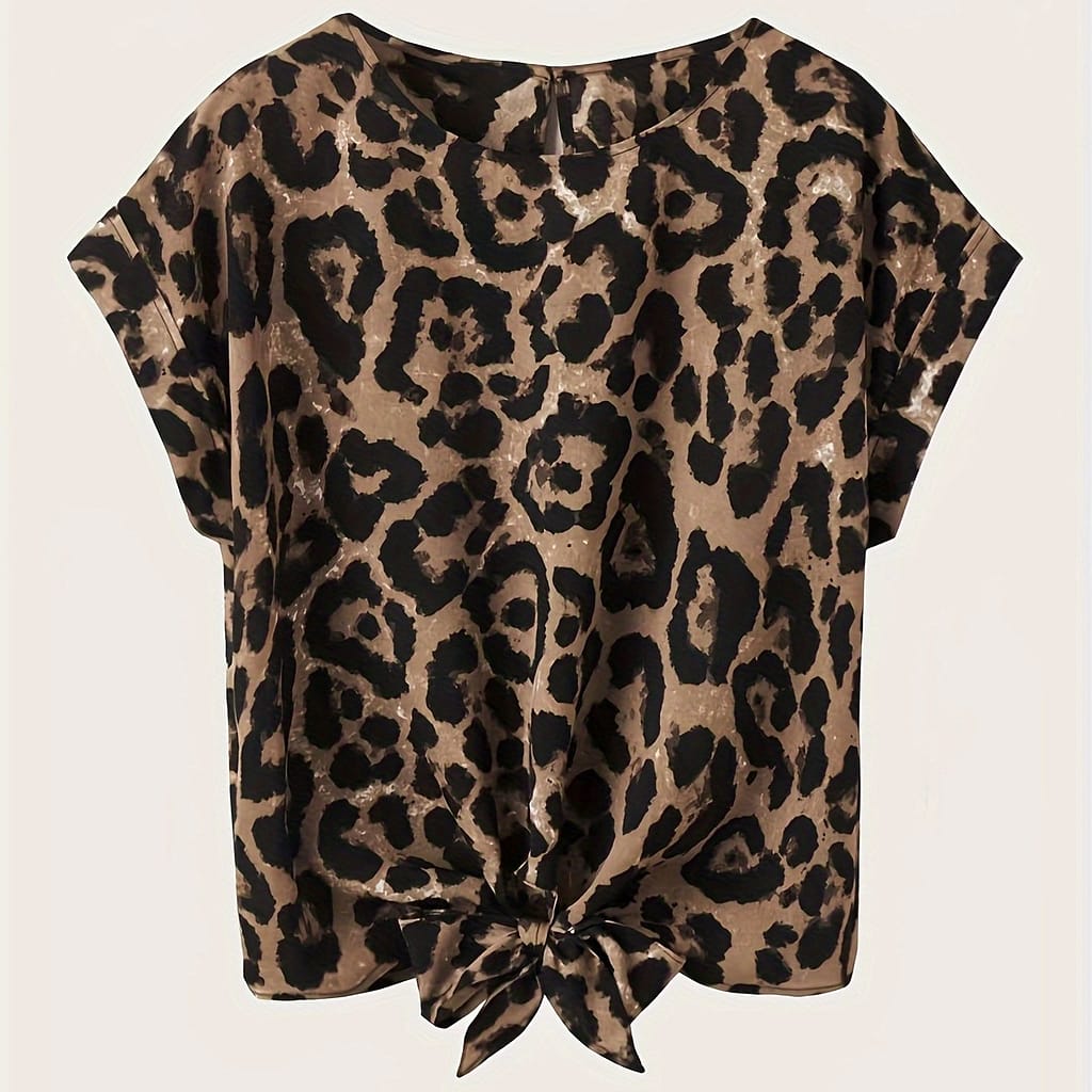 Leopard Print Tie Front Blouse, Casual Crew Neck Blouse For , Women’s Clothing Blouses Shop Online at Dubai Trades 2