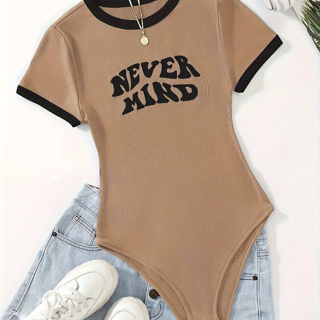 Letter Neck Bodysuit, Casual Short Sleeve Slim Fit Bodysuit For , Women’s Clothing Bodysuits Shop Online at Dubai Trades 2