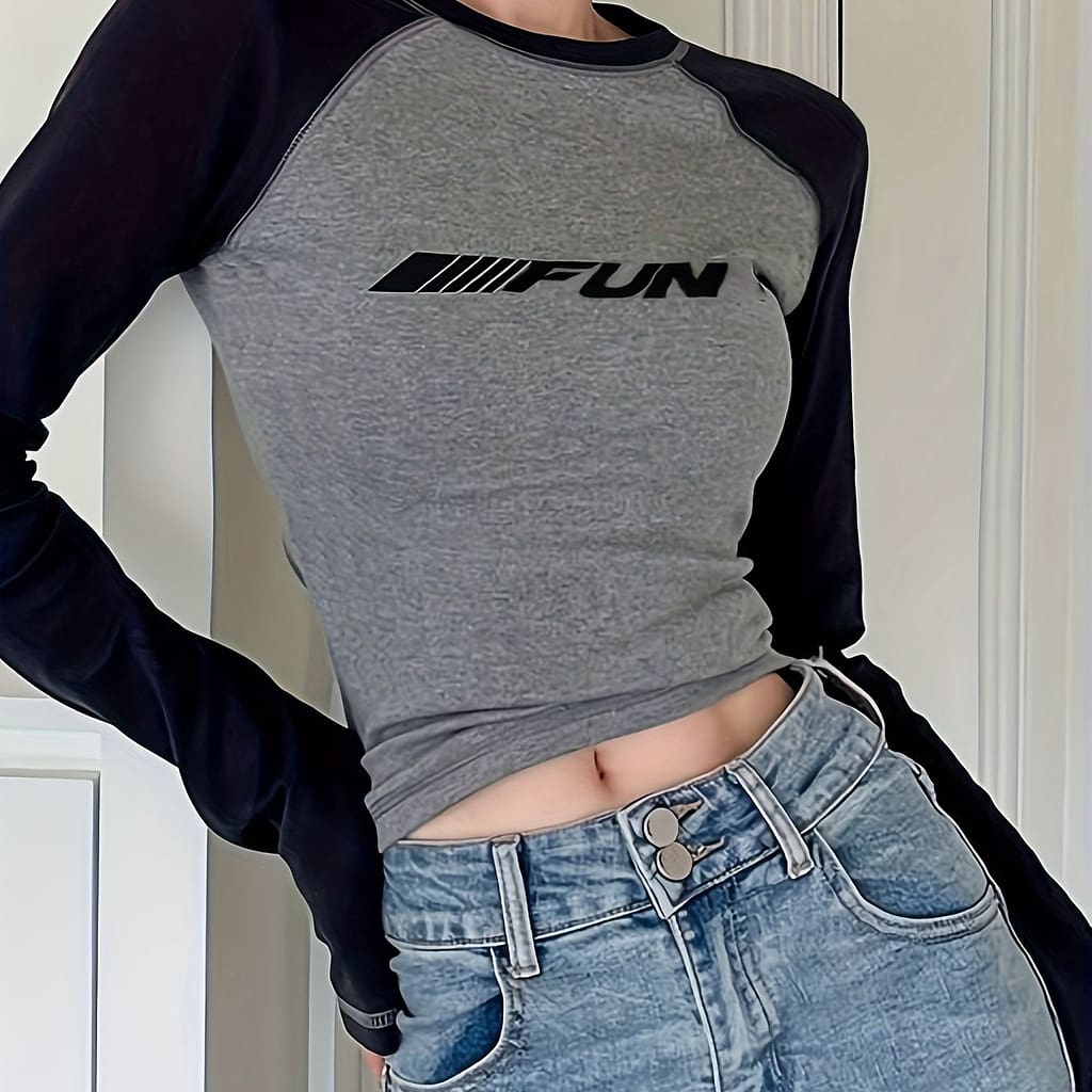 Letter Neck T-shirt, Casual Raglan Sleeve Top For Spring & Fall, Women’s Clothing Clothing Shop Online at Dubai Trades 2