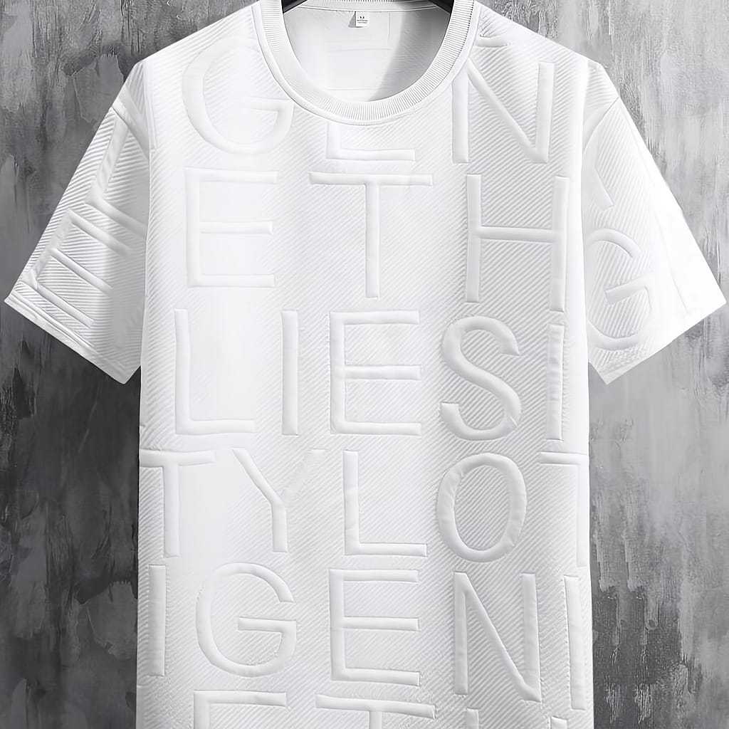 Letter Pattern Textured And Knit Men’ Color Short Sleeve Crew Neck T-shirt, Trendy And Chic Tops For Men, For Summer Active Shop Online at Dubai Trades 2