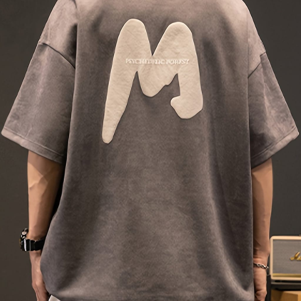 Letter “m” Patched Loose Fit T-shirt With Crew Neck And Short Sleeve, Casual And Chic Breathable Tops For Men’s Summer Outdoors And Sports Wear Active Shop Online at Dubai Trades 2
