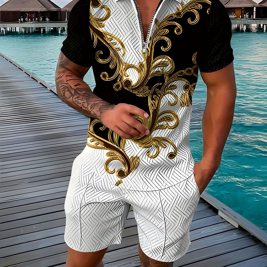 Luxury Pattern Men’s 2pcs Outfits Lapel Shirt & Shorts Set, Casual Short Sleeve Lapel Shirt And Loose Drawstring Shorts Set, Men’s Clothing Active Shop Online at Dubai Trades 2