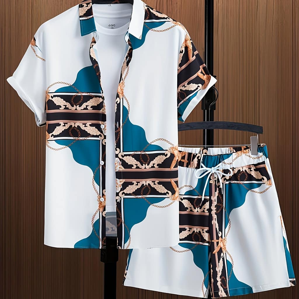 Luxury Pattern Print, Men’s 2pcs Outfits, Casual Camp Collar Lapel Button Up Short Sleeve Shirts And Drawstring Shorts Set For Summer, Men’s Clothing Active Shop Online at Dubai Trades 2