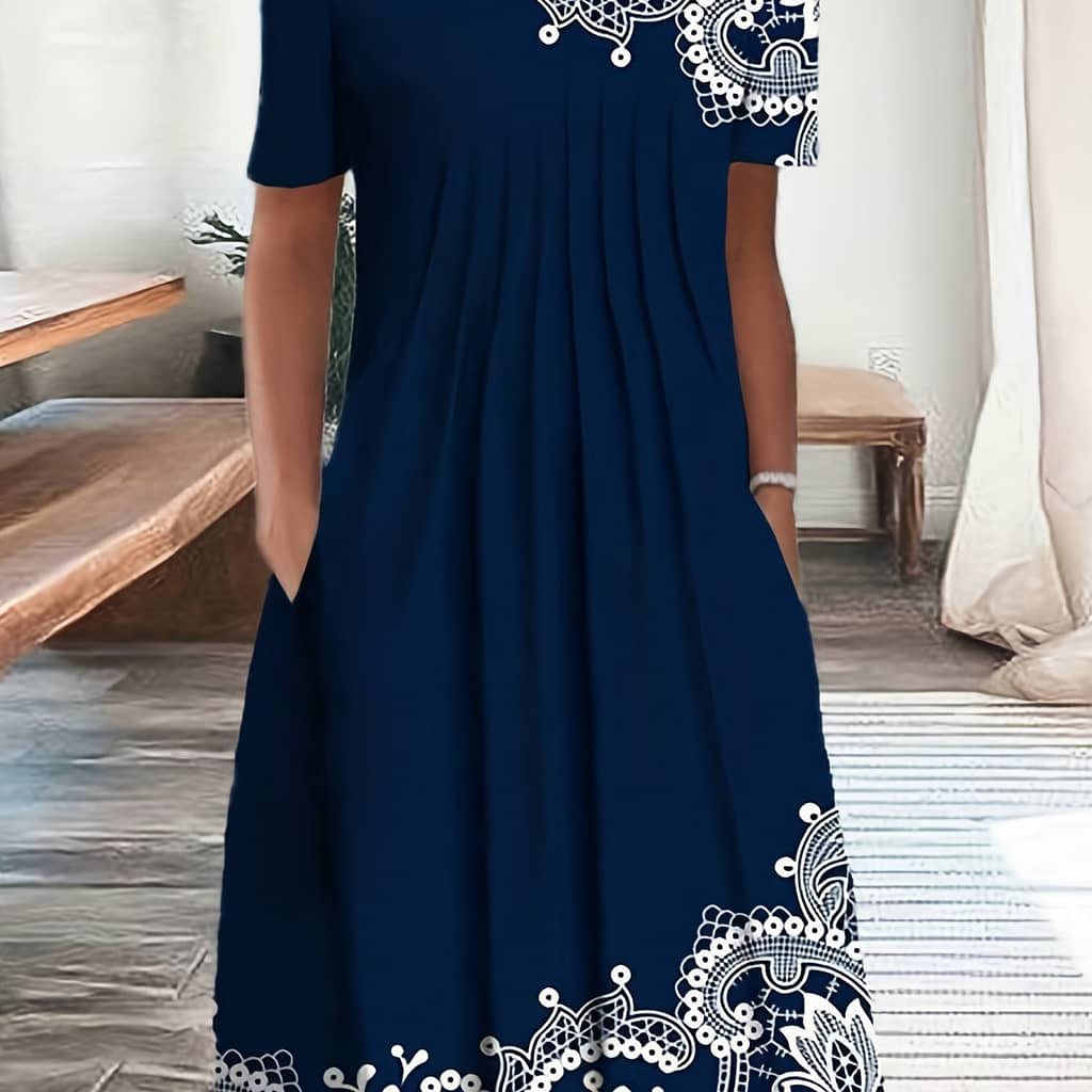 Mandala Print Short Sleeve Dress, Casual Crew Neck Dress For , Women’s Clothing Clothing Shop Online at Dubai Trades 2