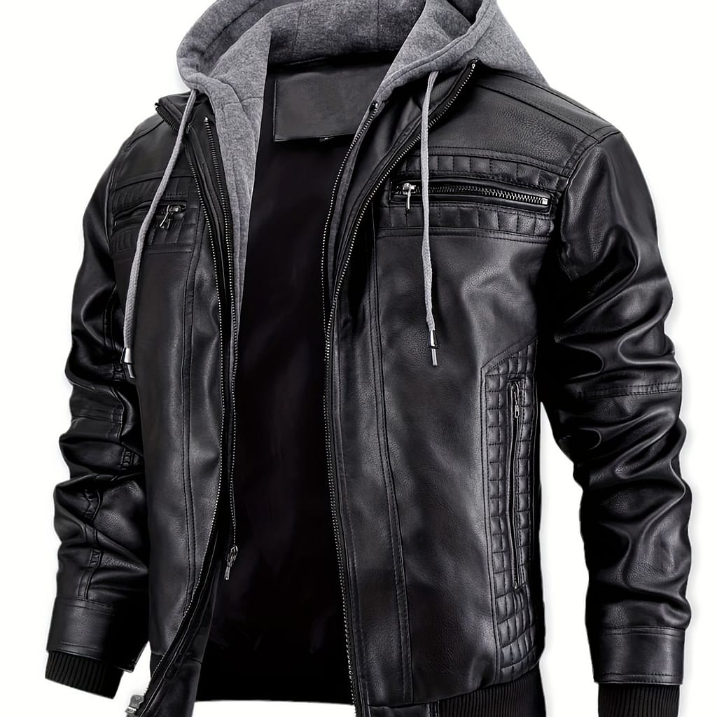 Men’ Black Hooded Jacket With Zipper Pockets – Retro Biker Design, Adjustable Drawstring Hood, Multiple Zippers & Studded Details, Casual Streetwear For Men Clothing Shop Online at Dubai Trades 2