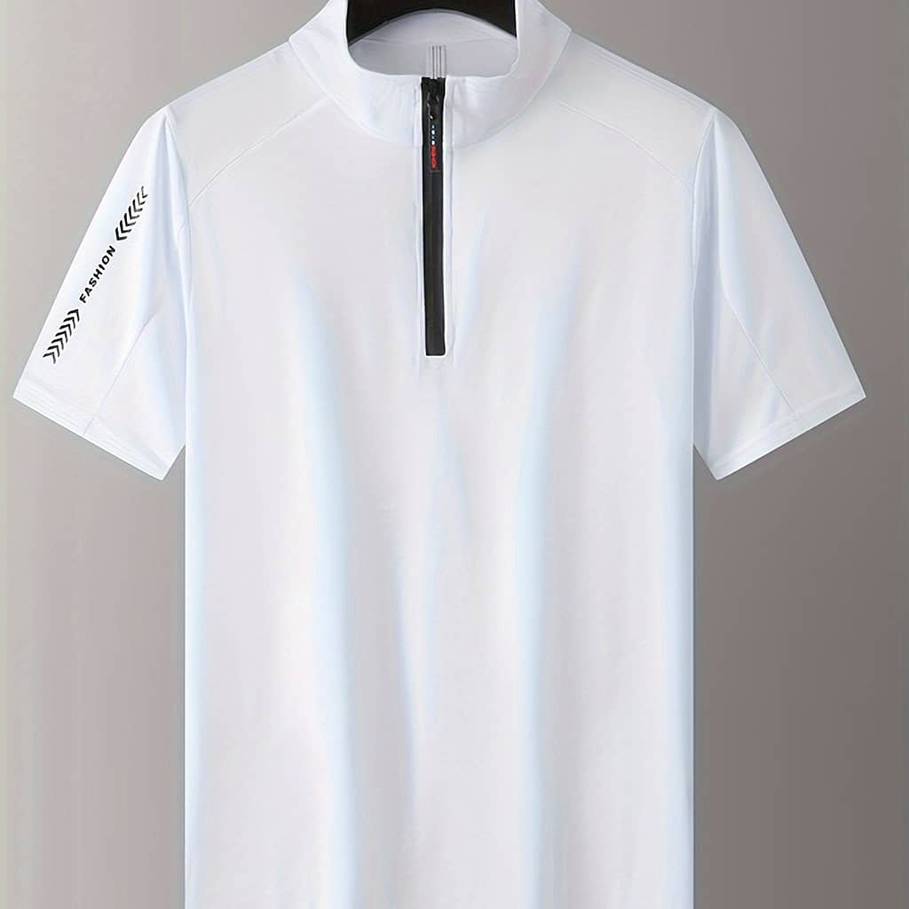 Men’ Knit Shirt – Sleek White With Stand Collar, Short Sleeves & Zipper – Stretchy, Breathable Fabric For Golf & Tennis – Active Shop Online at Dubai Trades 2