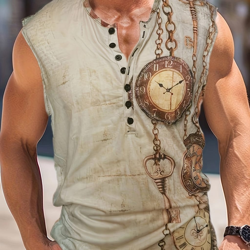 Men’ Steampunk Sleeveless Tank Top With Button Detail – Retro , Black & Cream Polyester , Summer Athletic Shirt For Adults, Summer Tank Tops Clothing Shop Online at Dubai Trades 2