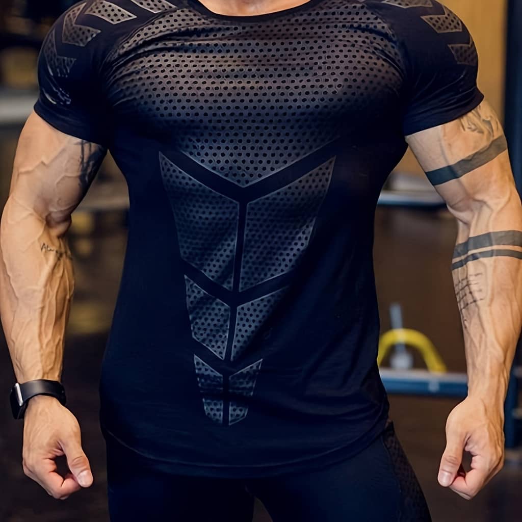 Men’ T-shirt – Breathable, Stretchy Polyester Fabric With Dynamic Print, Round Neck, Short Sleeve – Ideal For Gym, Running & Fitness Enthusiasts Base Layers & Compression Shop Online at Dubai Trades 2