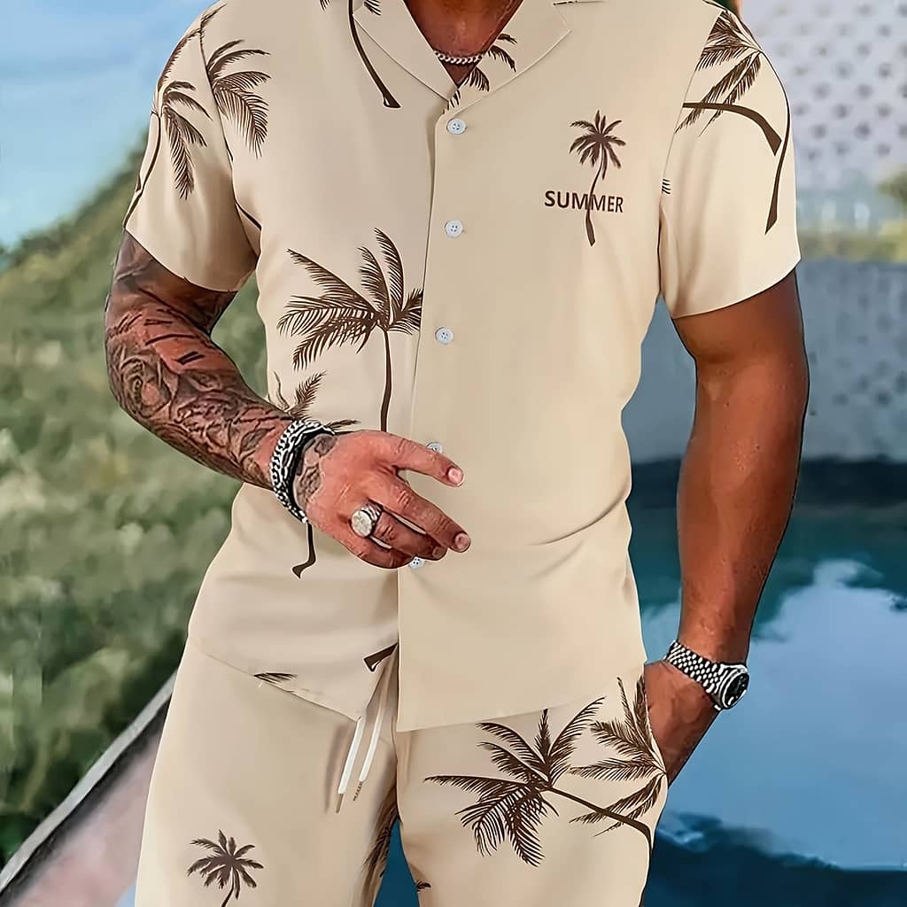 Men’-piece Set With Palm Tree 3d Print Summer Short Sleeve Shirt + Drawstring Pocket Shorts Active Shop Online at Dubai Trades 2