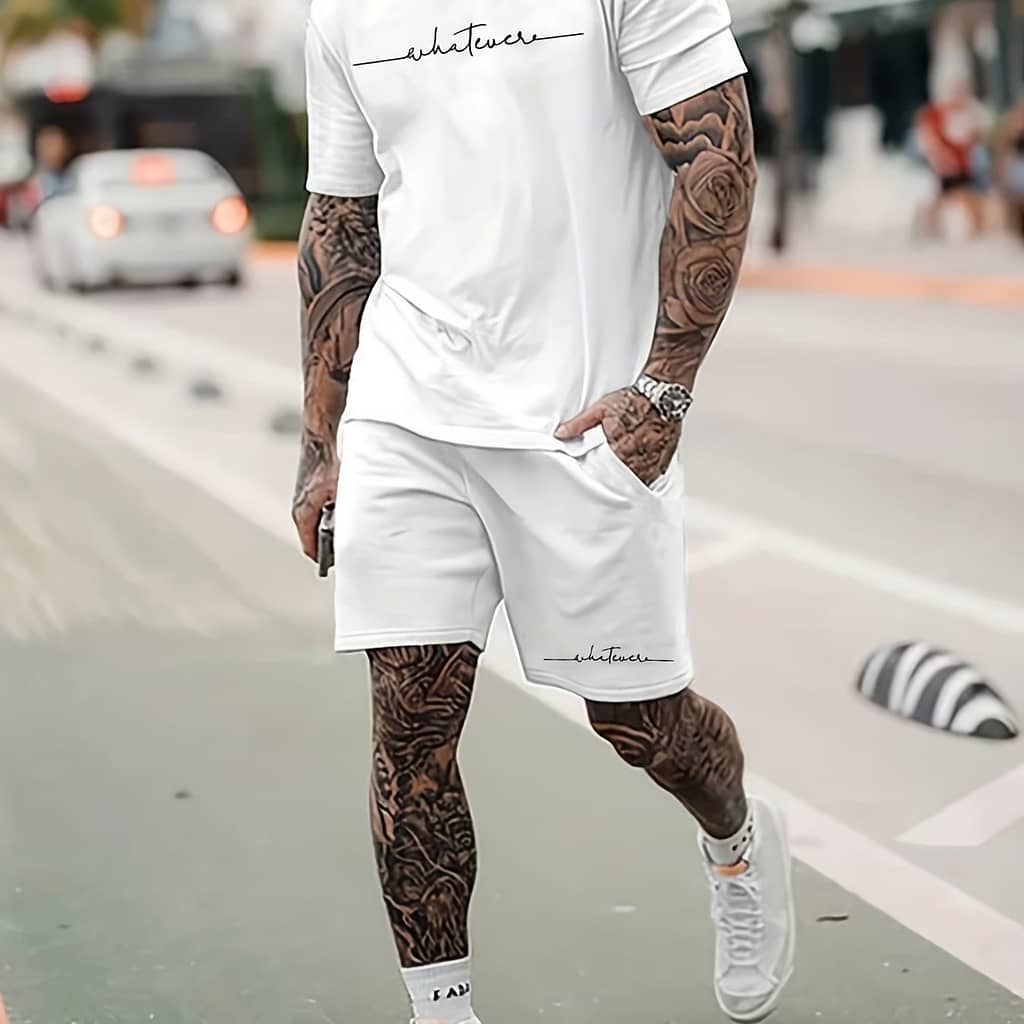 Men’s 2pcs Sportswear Set, Crew Neck Short Sleeve T-shirt With Letter Print & Pocket Detail, Knit Fabric Shorts, Regular Fit, Polyester 95% Spandex 5% – Black Active Shop Online at Dubai Trades 2