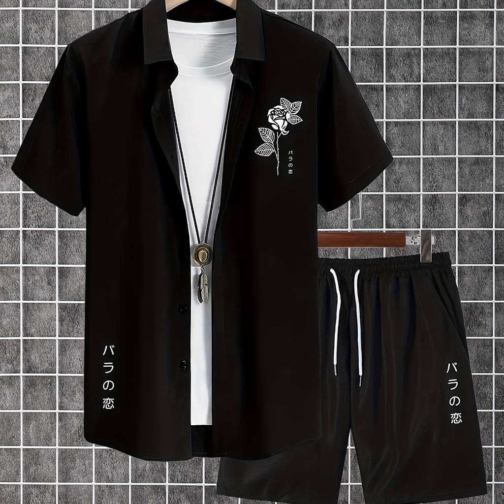 Men’s 2pcs Summer Set, Casual Print Short Sleeve Button- Shirt And Shorts, Polyester 100%, Lapel Collar, Regular Fit, Non-stretch Woven Fabric, 130g/m² – Beige Active Shop Online at Dubai Trades 2