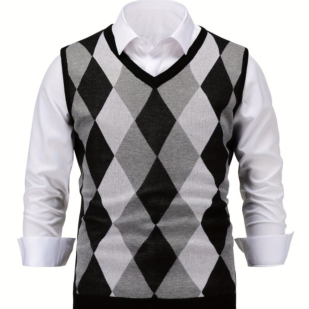 Men’s Argyle Knitted Sleeveless Sweater, Casual V Neck Vest For Outdoor Activities Clothing Shop Online at Dubai Trades 2