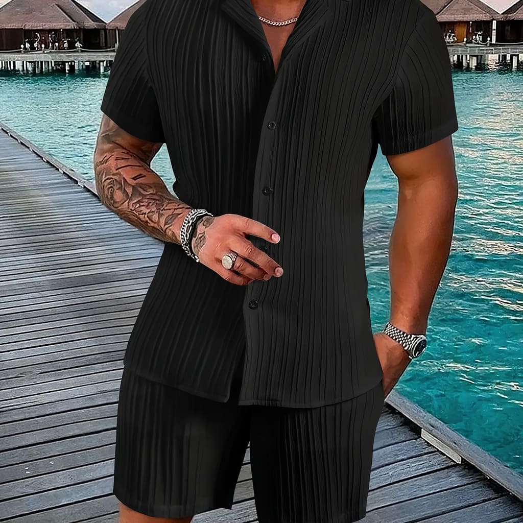 Men’s Casual 2-piece Outfit, Men’ Color Button-up Shirt And Shorts Set For Summer Casual Wear Active Shop Online at Dubai Trades 2