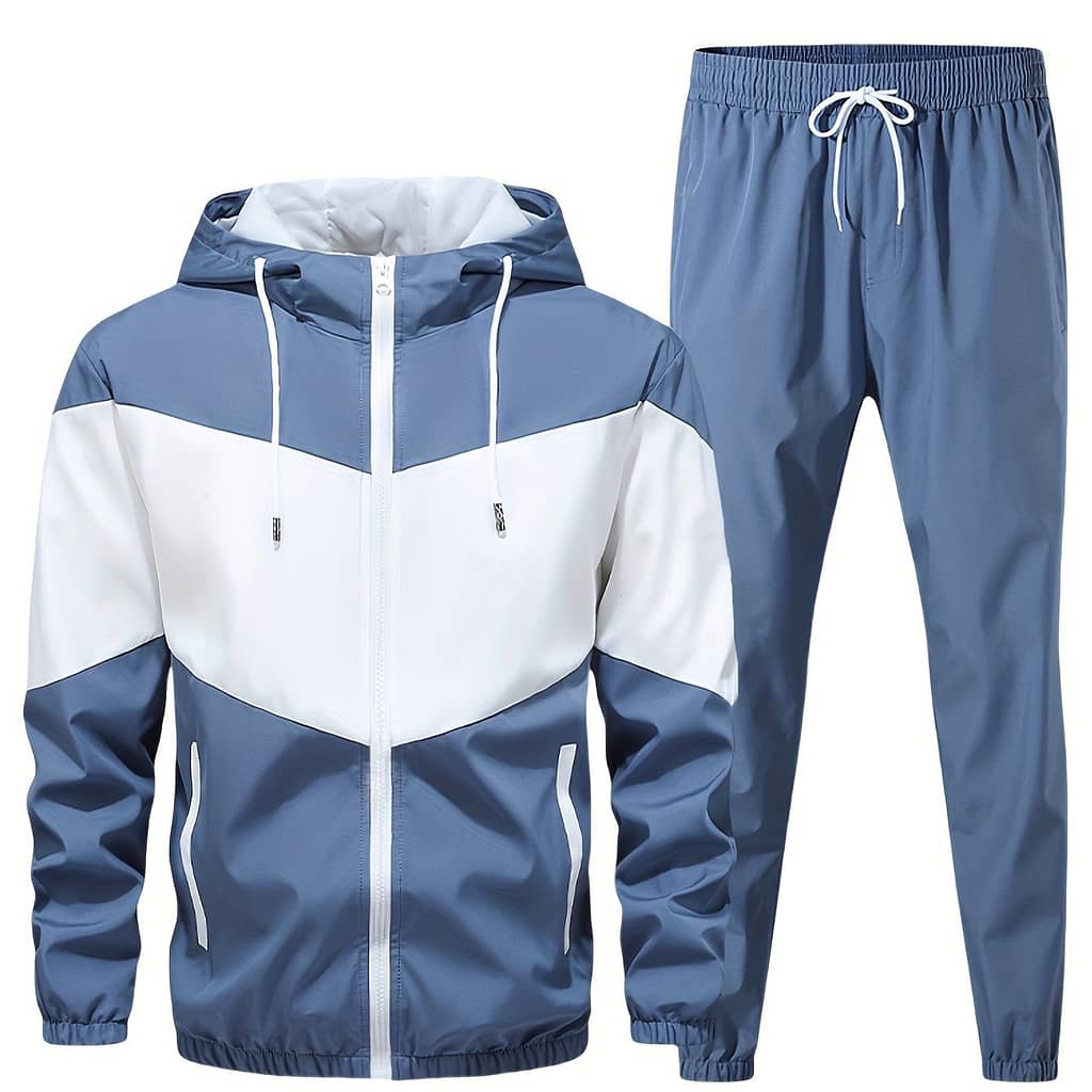 Men’s Casual 2-piece Outfit, Stylish Color Zip Up Hooded Jacket, Breathable Solid Color Drawstring Pants Active Shop Online at Dubai Trades 2