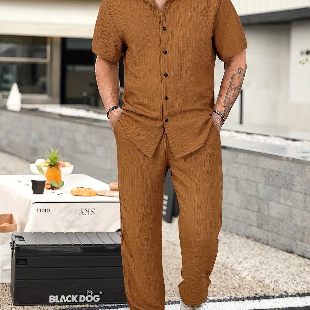 Men’s Casual 2-piece Outfit, Summer Solid Color Shirt & Pants Set, Comfy Button Up Shirt, Breathable Drawstring Pants Active Shop Online at Dubai Trades 2
