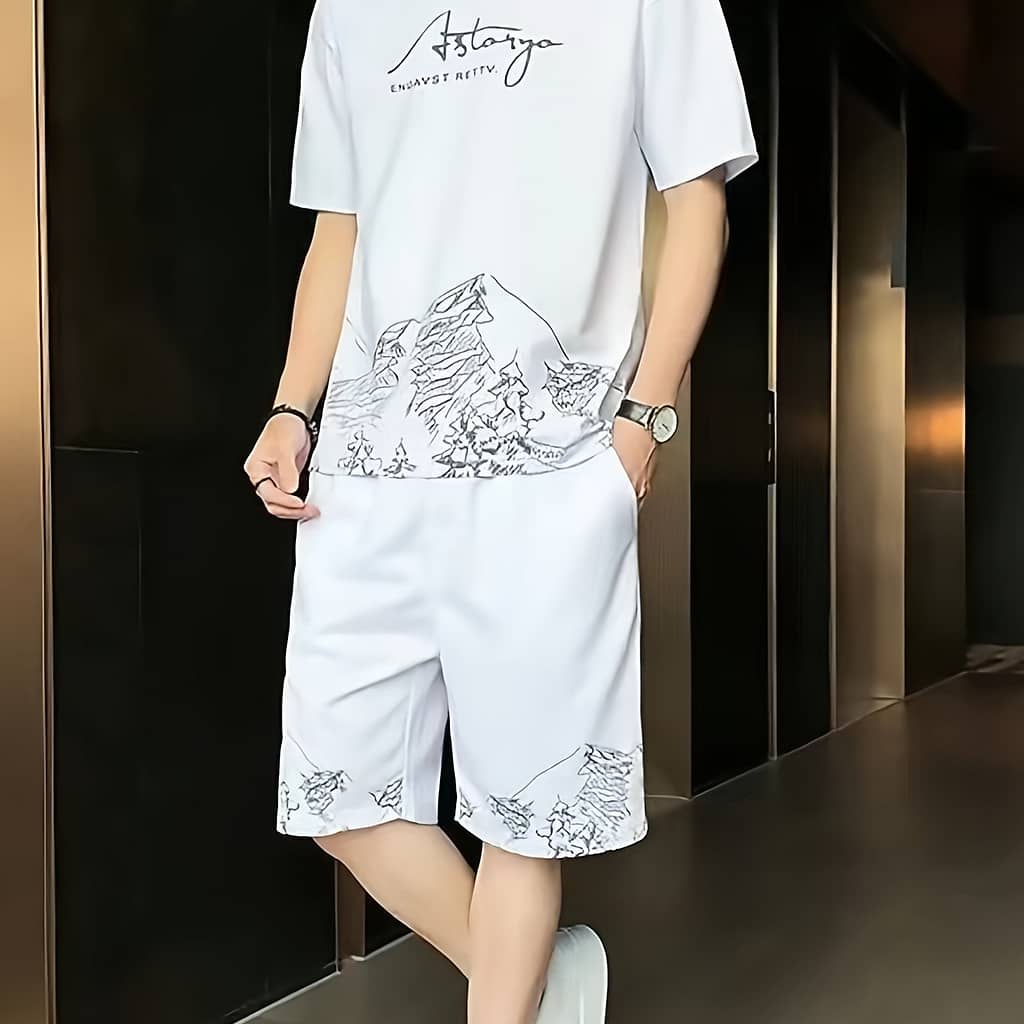 Men’s Casual 2pcs Set: Crew Neck Short Sleeve T-shirt & Drawstring Shorts – Breathable Polyester, Summer Fashion Clothing Shop Online at Dubai Trades 2