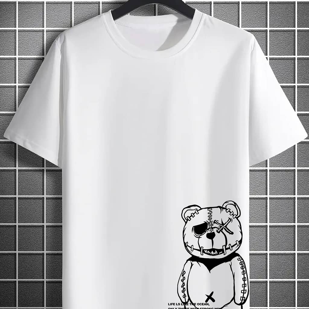 Men’s Casual Bear Graphic Tee – Soft Polyester, Crew Neck, Short Sleeve Summer T-shirt Clothing Shop Online at Dubai Trades 2