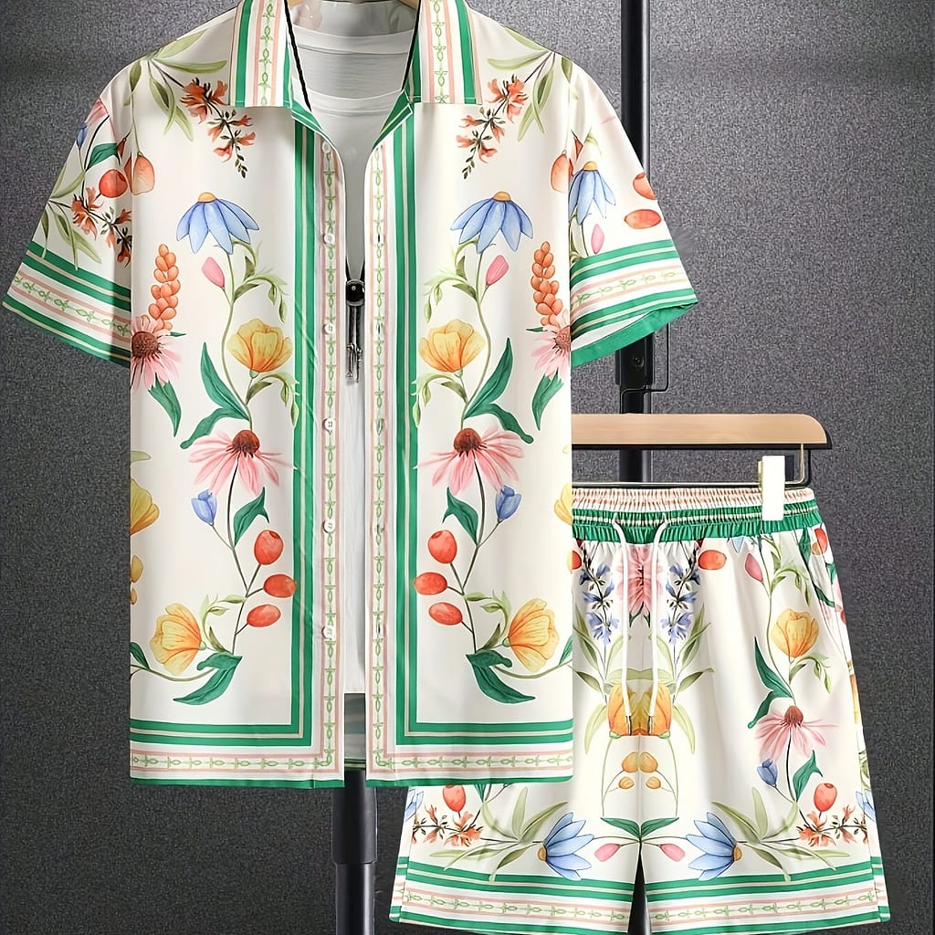 Men’s Casual Floral Print Short Sleeve Shirt & Shorts Set – Lightweight Polyester, Loose Fit, Spring/fall Style, Floral & , Casual Attire|floral Print Shirt|polyester Fabric Active Shop Online at Dubai Trades 2