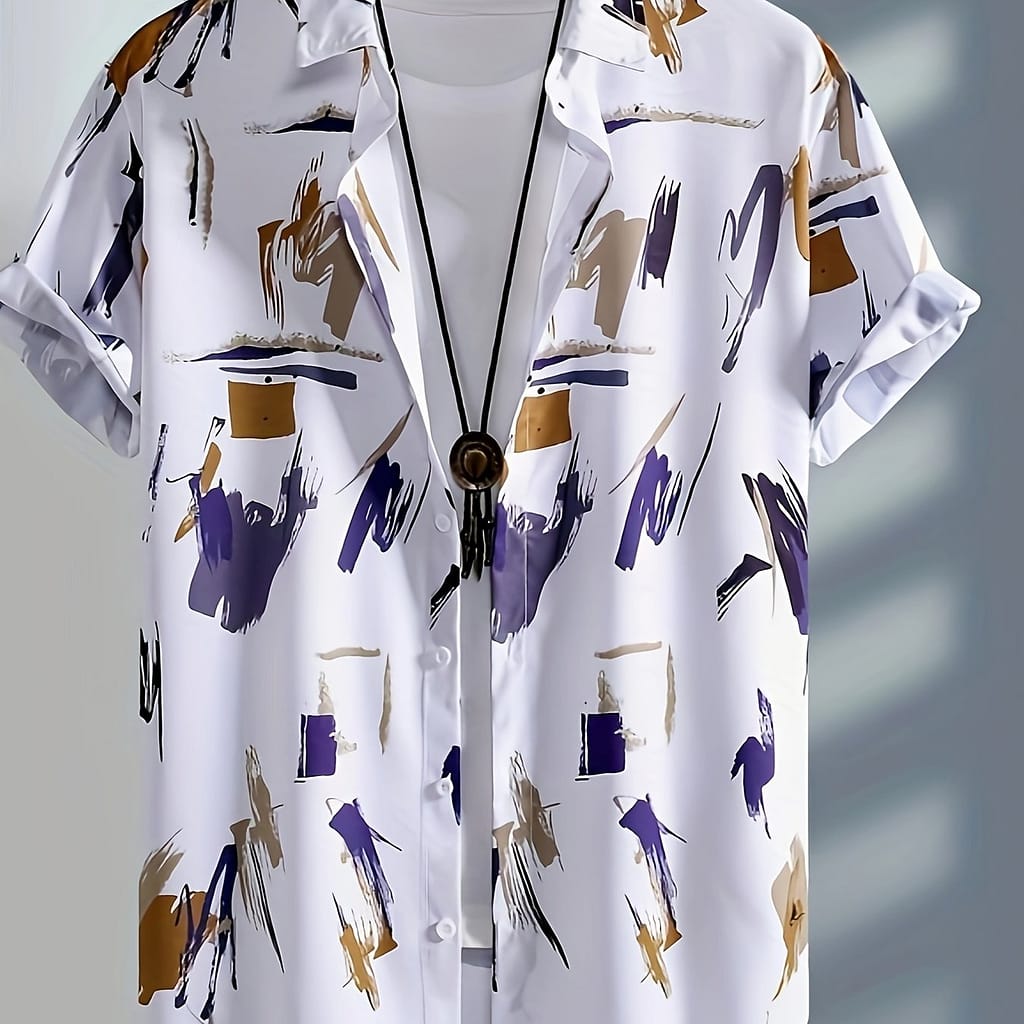 Men’s Casual Graffiti Print Short Sleeve Shirt – Breathable Polyester Blend, Machine Washable, Button-up Collar For Summer Casual Button-Down Shirts Shop Online at Dubai Trades 2
