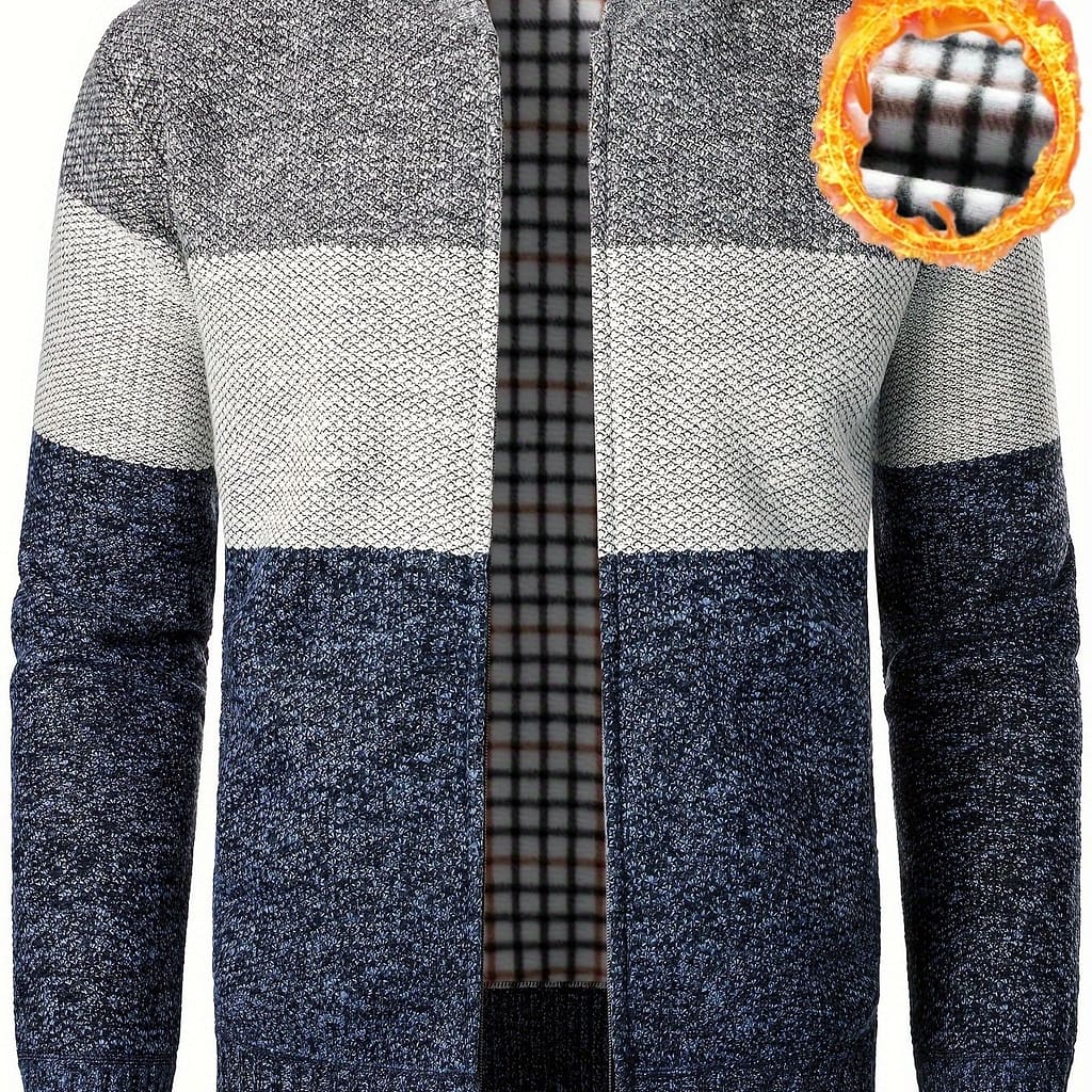 Men’s Casual High Neck Fleece Jacket, Color Block Knit Polyester Cardigan, Mid Stretch Zip-up Fall/winter Outerwear, Regular Fit With Closure, Thick Cardigans Shop Online at Dubai Trades 2