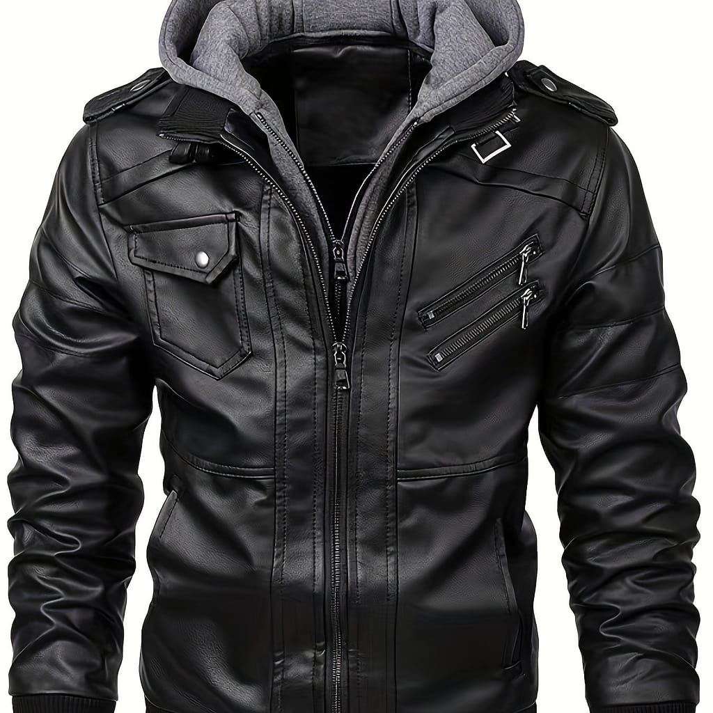 Men’s Casual Hooded Biker Jacket – Chic Black With Gray Hoodie Collar, Long Sleeve Zip-up With Multiple Pockets, Comfortable Polyester Lining, Casual Attire Clothing Shop Online at Dubai Trades 2