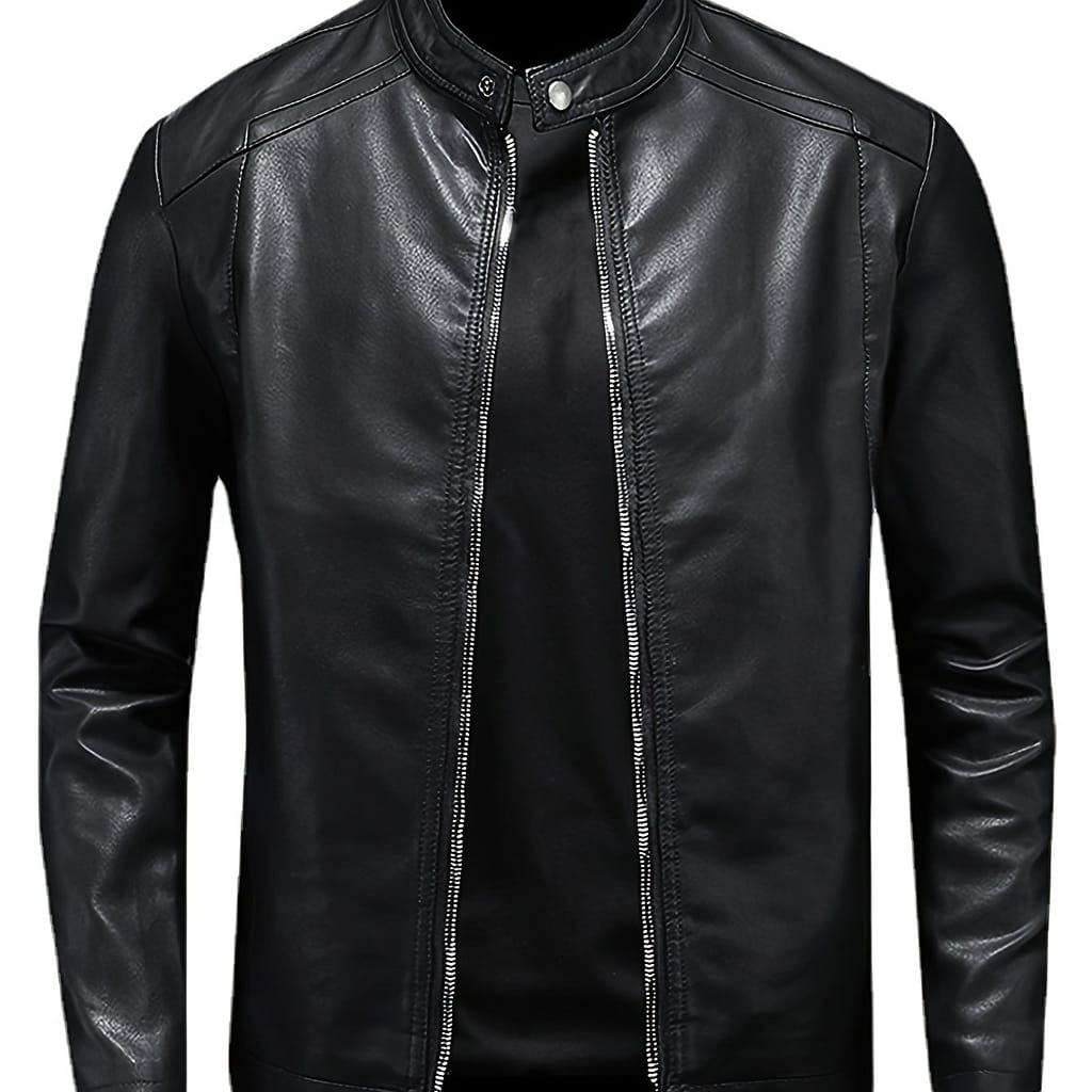 Men’s Casual Leather Jacket, Stand Collar, Zippered Pockets, Classic Motorcycle Style Outerwear Clothing Shop Online at Dubai Trades 2