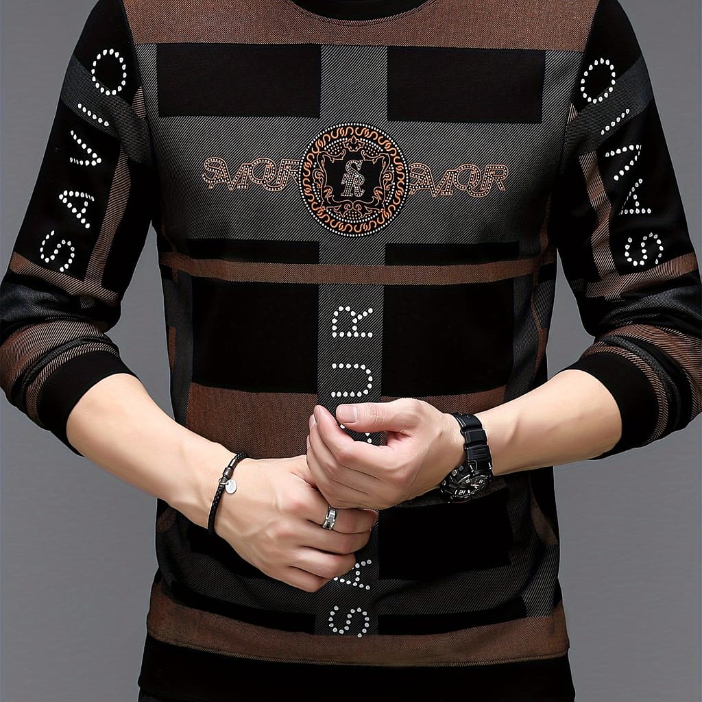 Men’s Casual Long Sleeve Crew Neck Pullover With Geometric Pattern, Rayon And Polyester , Machine Washable, Relaxed Fit Clothing Shop Online at Dubai Trades 2