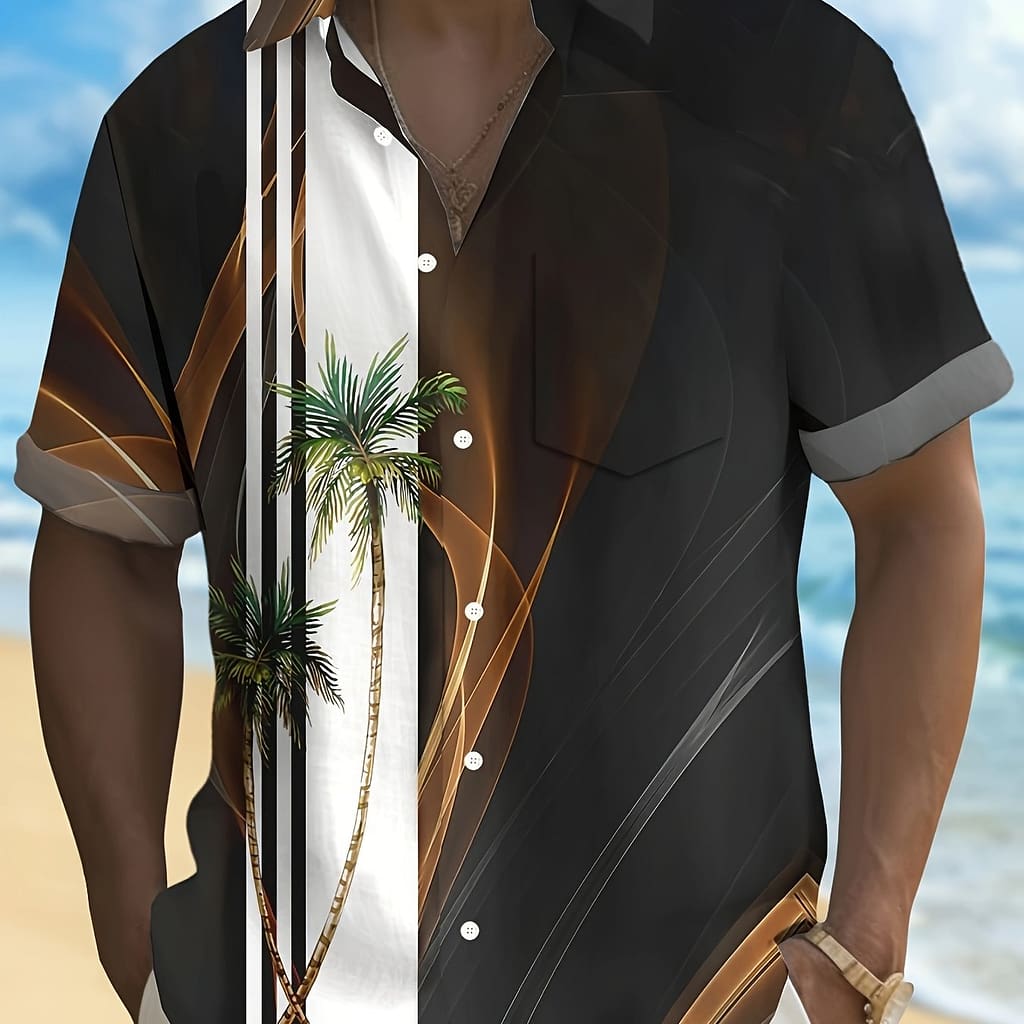 Men’s Casual Palm Tree Gradient Print Short Sleeve Shirt, Polyester 100%, Lapel Collar, Single Breasted, Woven Fabric, , Regular Fit, Button Details, Regular Length – H Style Casual Button-Down Shirts Shop Online at Dubai Trades 2