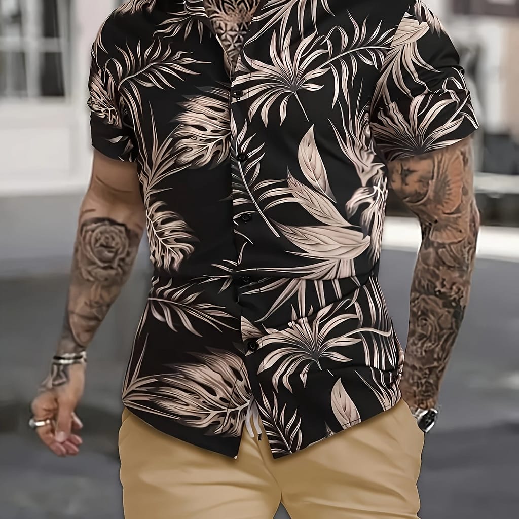 Men’s Casual Shirt Two-piece Set With Leaf Pattern, Hawaiian Shirt + Summer Sports Shorts Set Active Shop Online at Dubai Trades 2