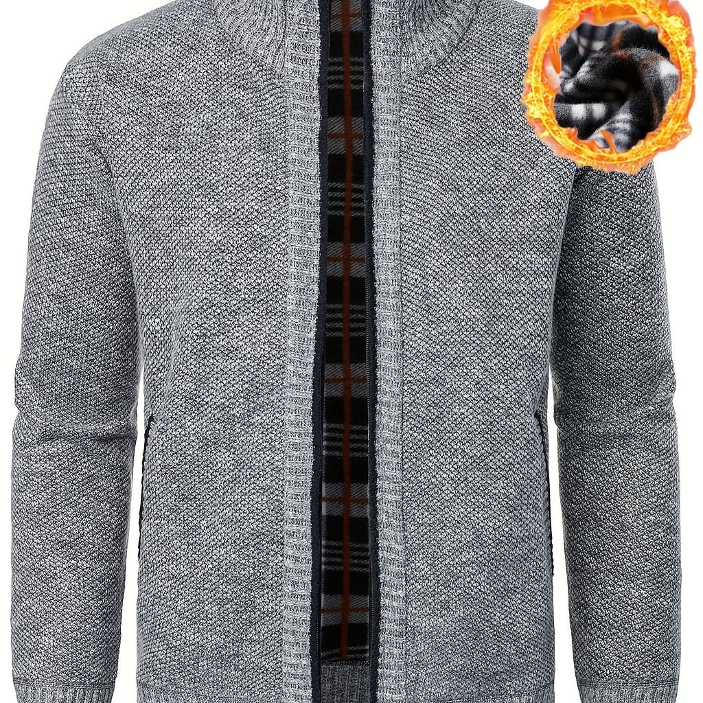 Men’s Casual Stand Collar Zippered Cardigan Sweater, 100% Polyester Knit Fabric, Regular Fit With Slight Stretch, Solid Color Fall/winter Outerwear With Zipper Detail Cardigans Shop Online at Dubai Trades 2