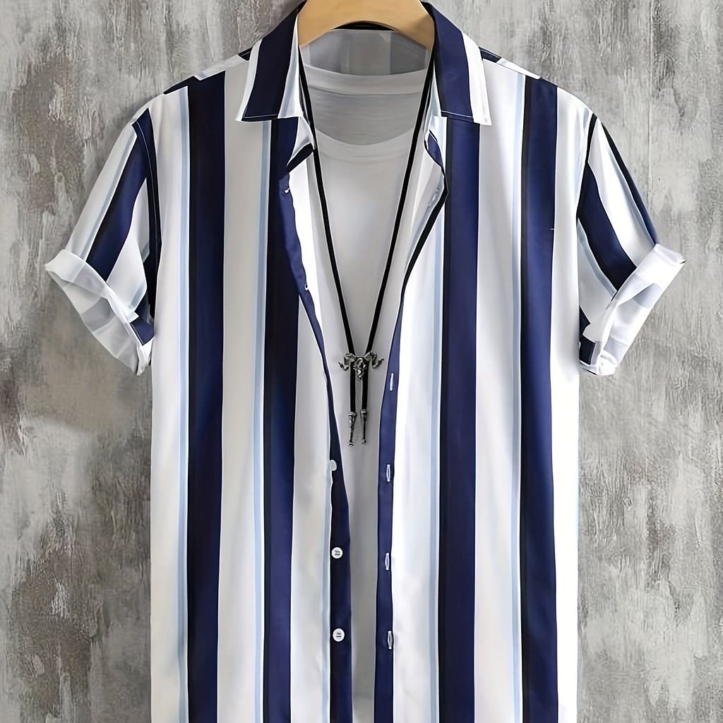 Men’s Casual Striped Print Shirt, 100% Polyester, Summer Woven Fabric, Non-stretch, Regular Fit, Lapel Collar, 120g/m² – Classic Short Sleeve Shirt For Adult Casual Button-Down Shirts Shop Online at Dubai Trades 2